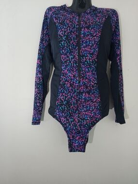 Swimsuits For All Black One-Piece with Pink & Teal Floral Speckle